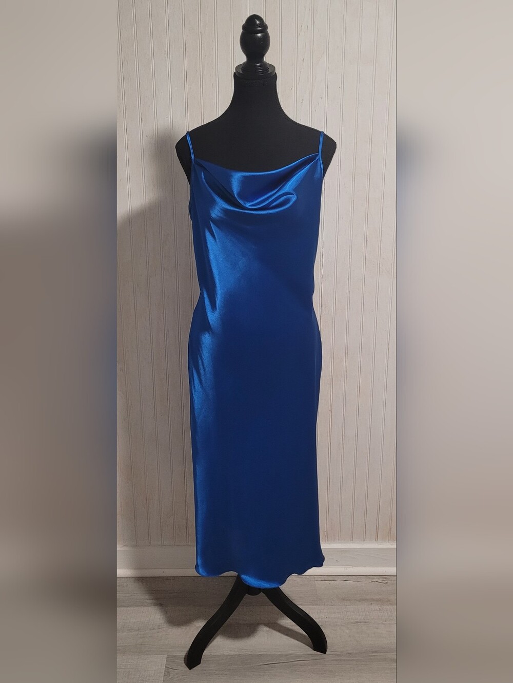 Bebe Royal Blue Satin Cowl Neck Midi Slip Dress Size M